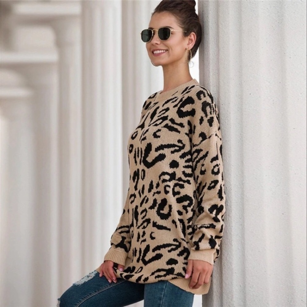 Oversized Leopard Bishop Sleeves Crew Neck Tunic Sweater Khaki Black 2819 - Picture 5 of 8